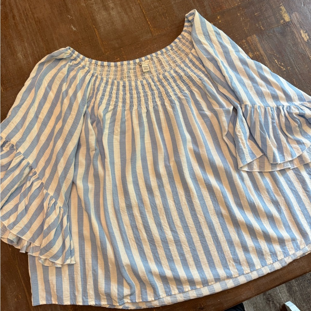 Cato Blue and White Smocked Bell Sleeve Blouse